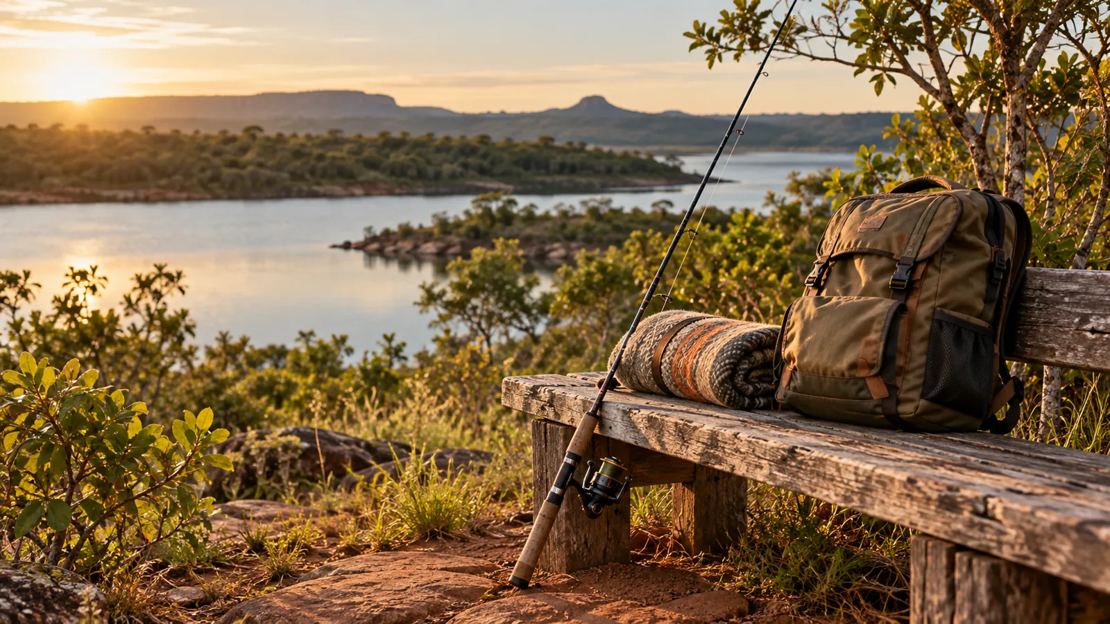 Mochila e equipamento de pesca em um ambiente ao ar livre