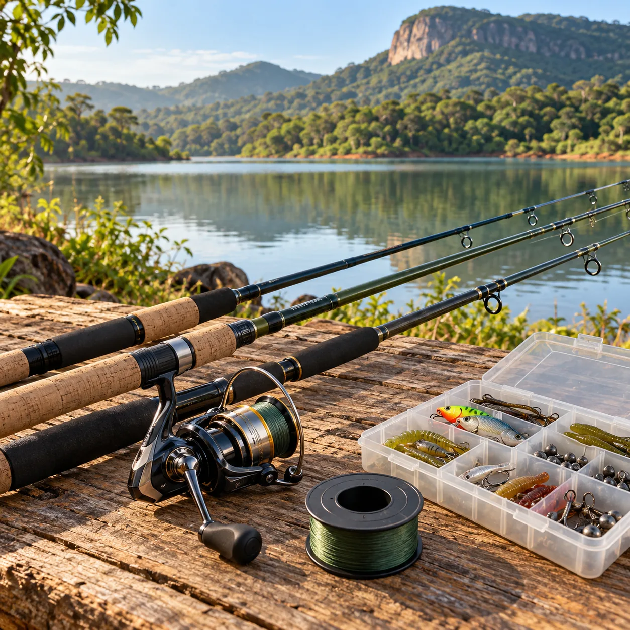 Varas, molinete e acessórios de pesca em uma paisagem ao ar livre